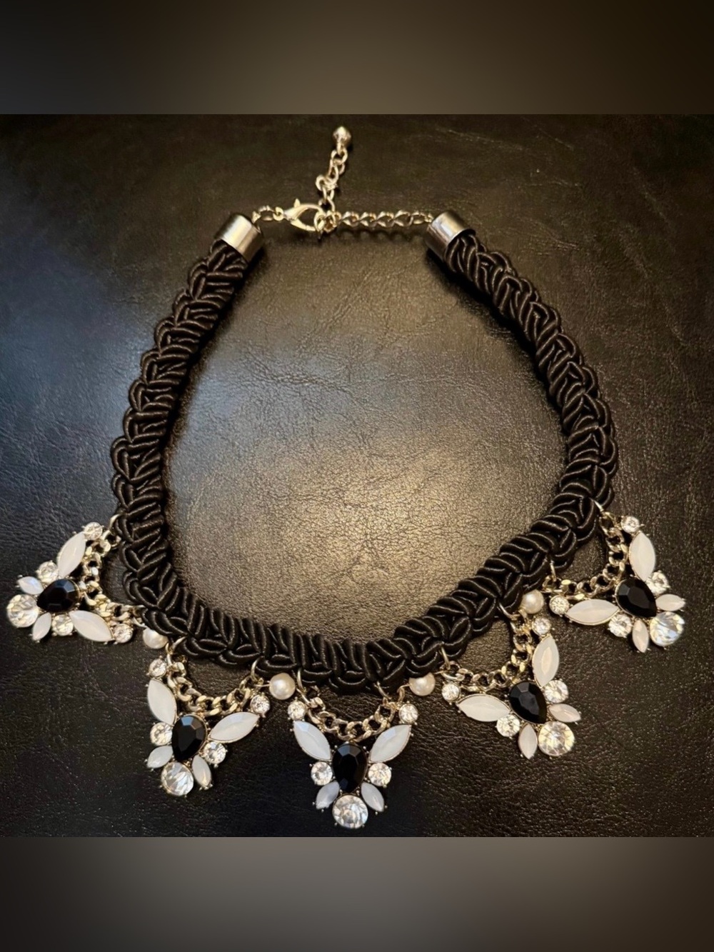 Statement Black Braided Necklace with White and Black Crystal Accents